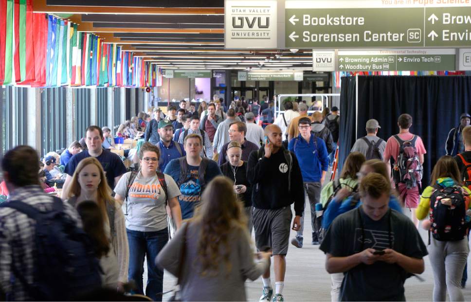 Al Hartmann  |  The Salt Lake Tribune
Students at Utah Valley University fill the hallways near the Sorensen Student Center midday Wednesday Oct. 12.  Orem's Utah Valley University retained its status as the state's largest school with 34,978 students, a 5.32 percent increase over last year.