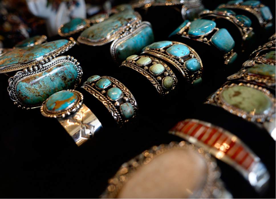 Scott Sommerdorf   |  The Salt Lake Tribune  
The turquoise jewelry art of Weahkees Art on display at the Natural History Museum on Saturday, October 8, 2016.