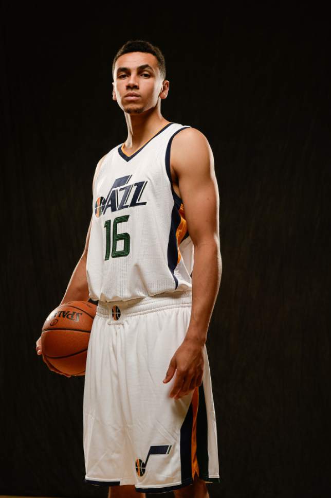 Francisco Kjolseth | The Salt Lake Tribune
Marcus Paige joins teammates as the Utah Jazz opens training camp with media day for players at the team's training facility in Salt Lake on Monday, Sept. 26, 2016.
