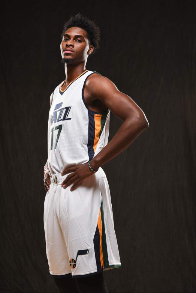 Francisco Kjolseth | The Salt Lake Tribune
Quincy Ford joins teammates as the Utah Jazz opens training camp with media day for players at the team's training facility in Salt Lake on Monday, Sept. 26, 2016.