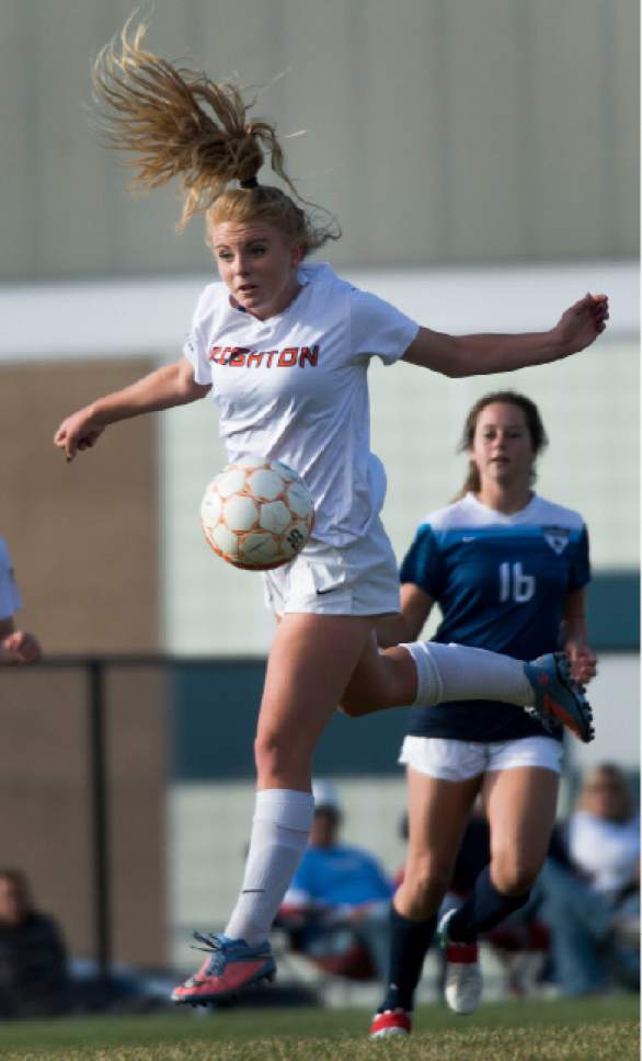 Steve Griffin / The Salt Lake Tribune


Brighton's Maddie Fry heads the ball forward during the first round of the girls' Class 5A soccer tournament against Layton at the Brighton High School soccer filed in Cottonwood Heights Tuesday October 11, 2016.