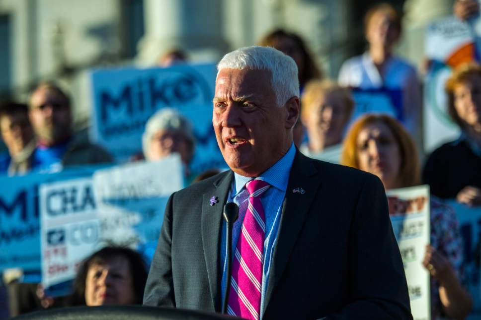 Chris Detrick  |  The Salt Lake Tribune
Mike Weinholtz, Democratic candidate for Governor of Utah, speaks during a rally at the Utah State Capitol Tuesday October 11, 2016.