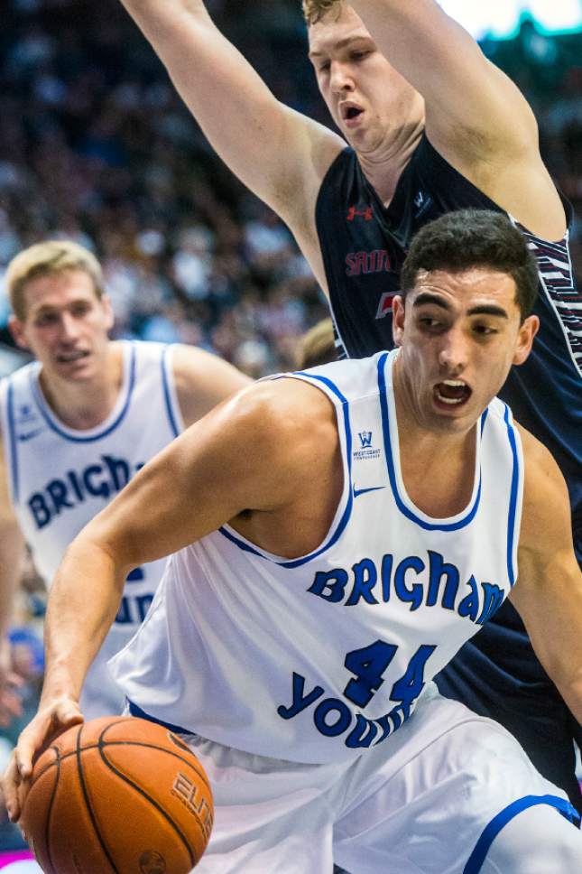 Chris Detrick  |  The Salt Lake Tribune
Brigham Young Cougars center Corbin Kaufusi (44) is guarded by St. Mary's Gaels center Jock Landale (34) during the game at the Marriott Center Thursday February 4, 2016. Brigham Young Cougars defeated St. Mary's Gaels 70-59.