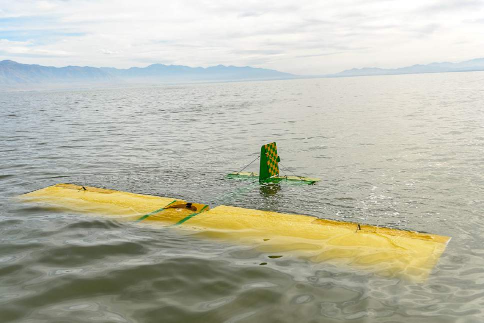 Trent Nelson  |  The Salt Lake Tribune
Brine shrimpers working the harvest on the Great Salt Lake rescued a fixed-wing airplane pilot after he crashed the craft near Stansbury Island Thursday October 13, 2016.