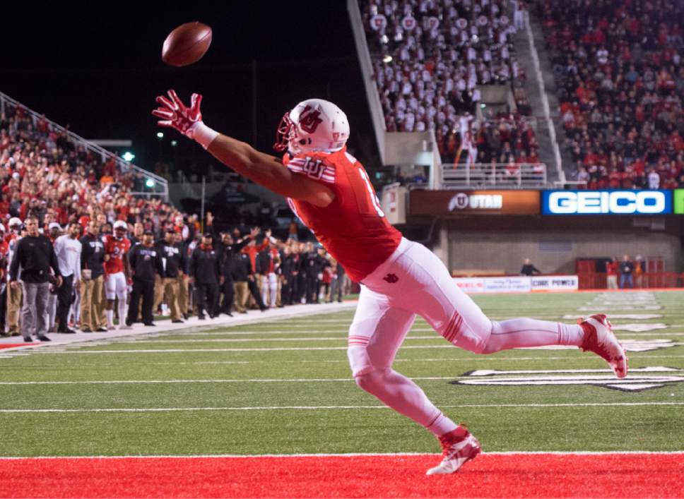 Rick Egan  |  The Salt Lake Tribune

Utah Utes tight end Evan Moeai (18) cant quite get his hands on a pass in the end zone,  in PAC-12 football action, Utah vs. The Arizona Wildcats, at Rice-Eccles Stadium, Saturday, October 8, 2016.