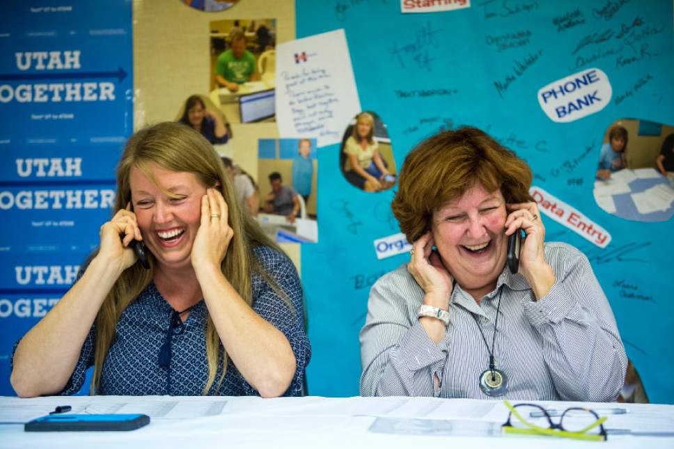 Chris Detrick  |  The Salt Lake Tribune
Alisa Allred Mercer and Barbara Cookie Allred make phone calls at the Hillary for America Utah headquarters Thursday October 13, 2016.