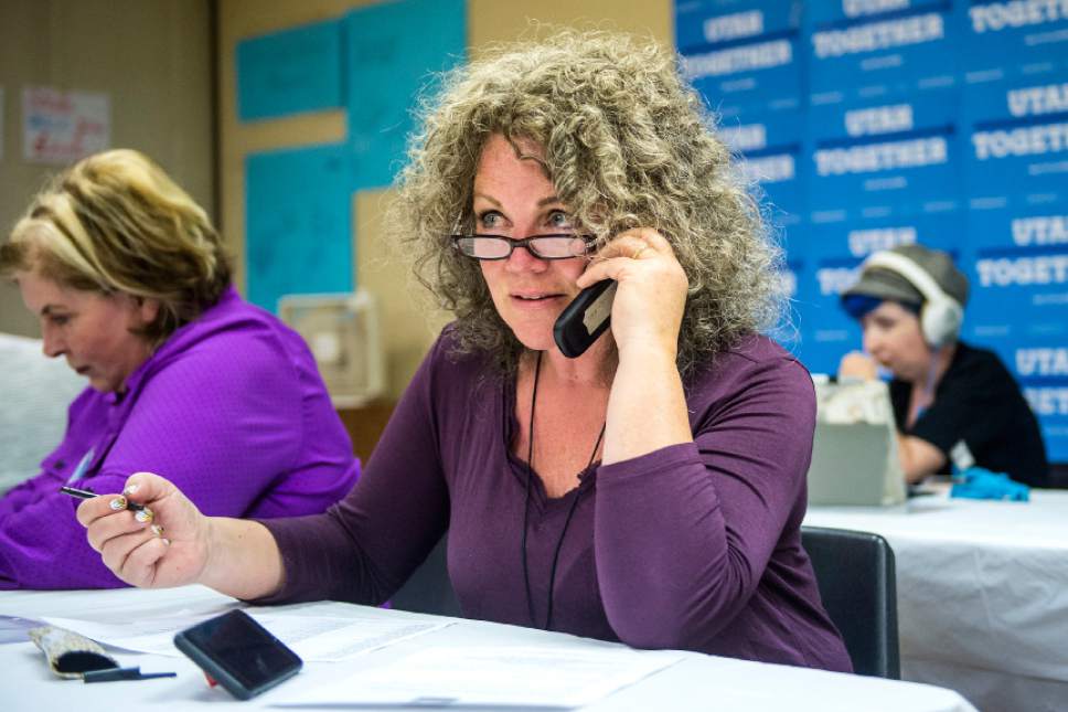 Chris Detrick  |  The Salt Lake Tribune
Jody England Hansen makes phone calls at the Hillary for America Utah headquarters Thursday October 13, 2016.