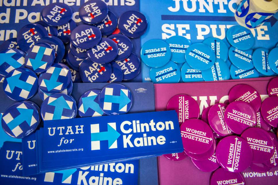 Chris Detrick  |  The Salt Lake Tribune
Buttons and stickers at Hillary for America Utah headquarters Thursday October 13, 2016.