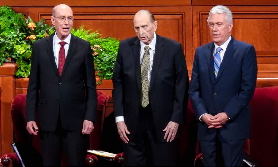 Trent Nelson  |  The Salt Lake Tribune
The First Presidency of the LDS Church, Henry B. Eyring, President Thomas S. Monson and Dieter F. Uchtdorf, sing a hymn at the General Priesthood Session of the LDS Church's 186th Semiannual General Conference in Salt Lake City earlier this month.