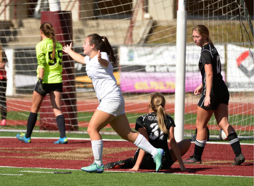 Leah Hogsten  |  The Salt Lake Tribune
Logan's Whitney Lopez #9 with a goal in the first half. Logan High School girls soccer team defeated Stansbury High School 5-3 during their state 3A quarterfinals game at Logan, October 15, 2016.