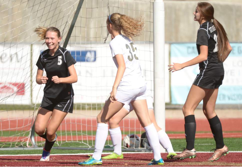 Leah Hogsten  |  The Salt Lake Tribune
Stansbury's Maddy Graber celebrates her goal in the first half. Logan High School girls soccer team defeated Stansbury High School 5-3 during their state 3A quarterfinals game at Logan, October 15, 2016.