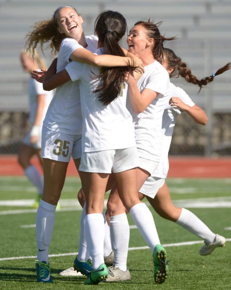 Leah Hogsten  |  The Salt Lake Tribune
Logan celebrates Zhu Parker's goal. Logan High School girls soccer team defeated Stansbury High School 5-3 during their state 3A quarterfinals game at Logan, October 15, 2016.