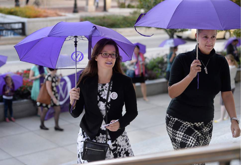 Scott Sommerdorf   |  The Salt Lake Tribune  
Mahalia Lotz, left, climbs the stairs to the LDS Church Administration Building with Debra Jenson as the Ordain Women group visited the LDS Church Administration Building to request a meeting with a general authority, Saturday, October 1, 2016. They found the doors were locked to their visit.