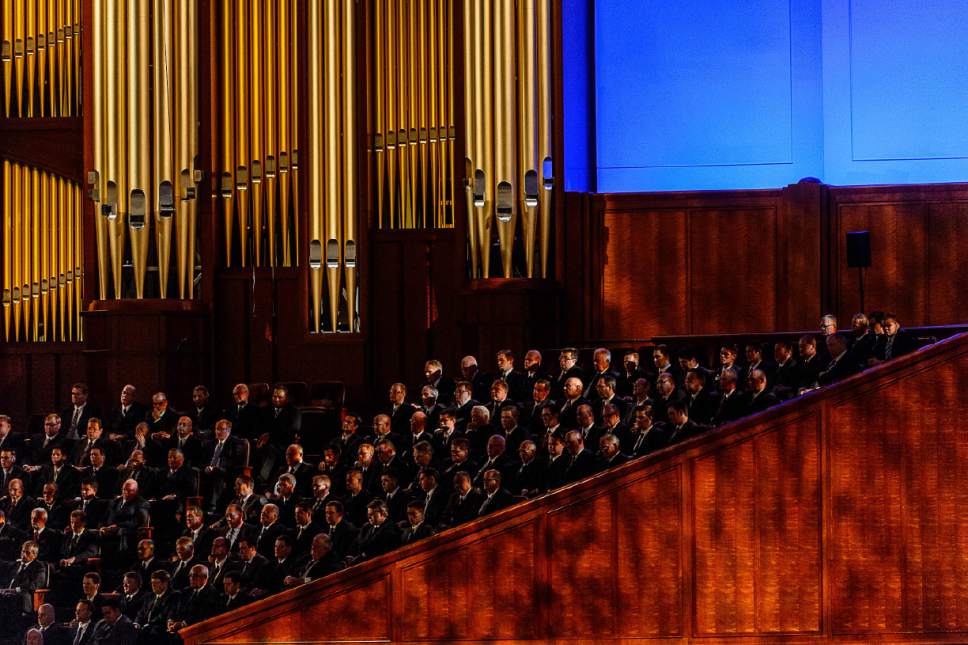 Trent Nelson  |  The Salt Lake Tribune
A men's choir at the General Priesthood Session of the LDS Church's 186th Semiannual General Conference in Salt Lake City, Saturday October 1, 2016.