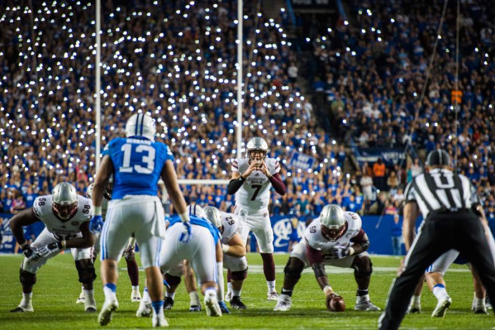 Chris Detrick  |  The Salt Lake Tribune
Mississippi State Bulldogs quarterback Nick Fitzgerald (7) during the game at LaVell Edwards Stadium Friday October 14, 2016. Brigham Young Cougars defeated Mississippi State Bulldogs 28-21in double overtime.