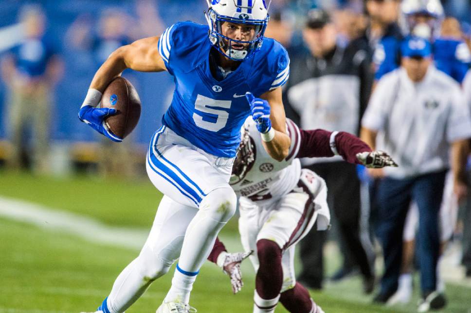 Chris Detrick  |  The Salt Lake Tribune
Brigham Young Cougars wide receiver Nick Kurtz (5) runs past Mississippi State Bulldogs defensive back Cedric Jiles (5) during the game at LaVell Edwards Stadium Friday October 14, 2016. Brigham Young Cougars defeated Mississippi State Bulldogs 28-21in double overtime.