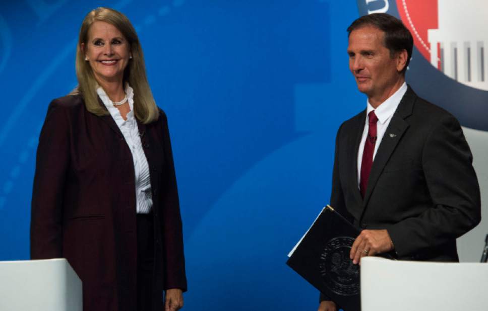 Steve Griffin  |   The Salt Lake Tribune
Democratic challenger Charlene Albarran and Rep. Chris Stewart, R-Utah stand together following a debate sponsored by the Utah Debate Commission's 2nd Congressional District at the KUED studios on the University of Utah campus in Salt Lake City Tuesday October 4, 2016.