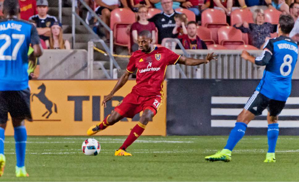 Michael Mangum  |  Special to the Tribune

Real Salt Lake defender Aaron Maund (21) kicks the ball downfield during their MLS match at Rio Tinto Stadium in Sandy, Utah on Friday, July 22nd, 2016.