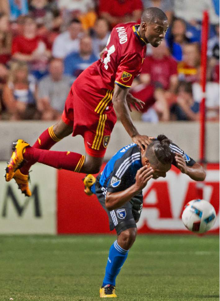 Michael Mangum  |  Special to the Tribune

Real Salt Lake defender Aaron Maund (21) heads the ball down over and behind San Jose forward Quincy Amarikwa (25) during their MLS match at Rio Tinto Stadium in Sandy, Utah on Friday, July 22nd, 2016.