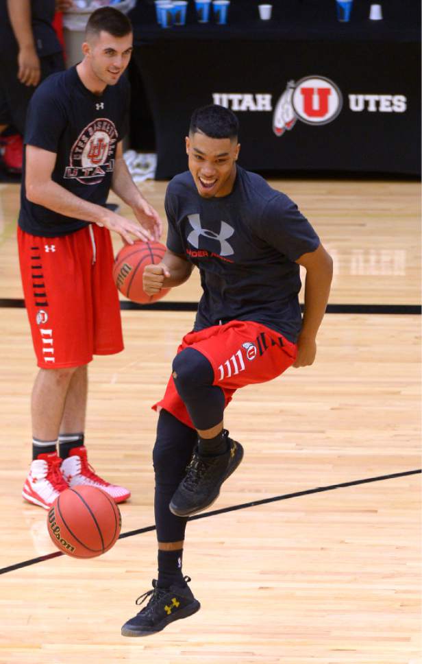 Leah Hogsten  |  The Salt Lake Tribune
l-r University of Utah basketball player Beau Rydalch laughs at the antic of Sedrick Barefield after team practice Thursday, October 6, 2016 at the Huntsman Basketball Facility.