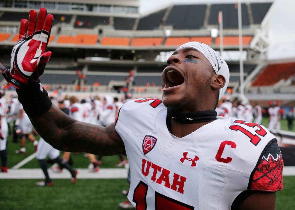 Utah cornerback Dominique Hatfield waves goodbye to fans after Utah's 19-14 victory over Oregon State in an NCAA college football game in Corvallis, Ore., on Saturday, Oct. 15, 2016. (AP Photo/Timothy J. Gonzalez)
