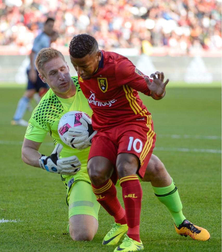 Francisco Kjolseth | The Salt Lake Tribune
Sporting Kansas City goalkeeper Tim Melia (29) collides with Real Salt Lake forward Joao Plata (10) as Real Salt Lake hosts Sporting KC in MLS soccer at Rio Tinto Stadium in Sandy, Sunday, Oct. 16, 2016.