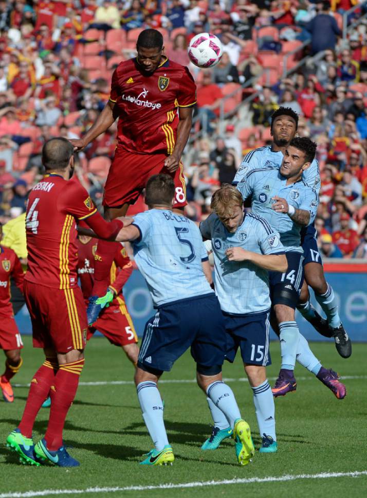 Francisco Kjolseth | The Salt Lake Tribune
Chris Schuler goes high as he makes goal attempt on a header as Real Salt Lake hosts Sporting KC in MLS soccer at Rio Tinto Stadium in Sandy, Sunday, Oct. 16, 2016.