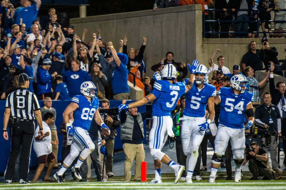 Chris Detrick  |  The Salt Lake Tribune
Brigham Young Cougars tight end Tanner Balderree (89) celebrates with his teammates after scoring the game-winning touchdown during the game at LaVell Edwards Stadium Saturday October 15, 2016. Brigham Young Cougars defeated Mississippi State Bulldogs 28-21in double overtime.
