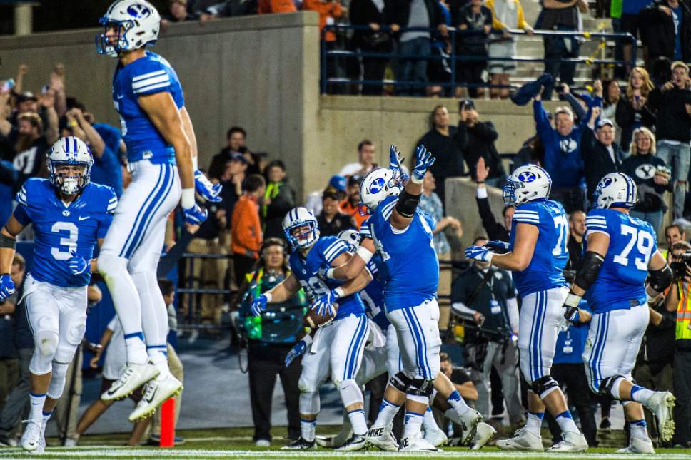 Chris Detrick  |  The Salt Lake Tribune
Brigham Young Cougars tight end Tanner Balderree (89) celebrates with his teammates after scoring the game-winning touchdown during the game at LaVell Edwards Stadium Saturday October 15, 2016. Brigham Young Cougars defeated Mississippi State Bulldogs 28-21in double overtime.