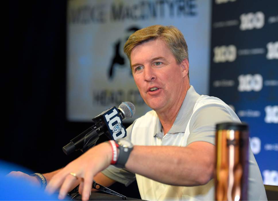 FILE - In this July 30, 2015, file photo, Colorado head coach Mike MacIntyre speaks to reporters during NCAA college Pac-12 Football Media Days in Burbank, Calif. Ever so gradually, the Colorado Buffaloes are becoming a first-rate program _ in terms of facilities, anyway. On the field, there's still plenty of work left to do. (AP Photo/Mark J. Terrill, File)