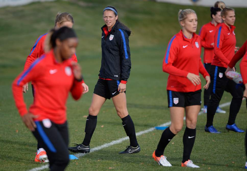 Francisco Kjolseth  |  The Salt Lake Tribune
Ashley Hatch, center left, currently a forward at BYU, received her first call-up to the U.S. women's national team roster for matches against Switzerland this week, as she practices with the team in Sandy recently.