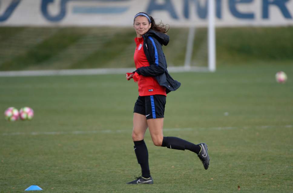 Francisco Kjolseth  |  The Salt Lake Tribune
Ashley Hatch, currently a forward at BYU, received her first call-up to the U.S. women's national team roster for matches against Switzerland this week, as she practices with the team in Sandy recently.