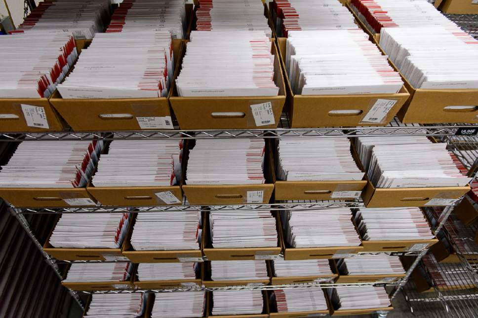 Trent Nelson  |  The Salt Lake Tribune
Tens of thousands of mail in ballots have already arrived at the Salt Lake County Government Center in Salt Lake City, Tuesday October 18, 2016.