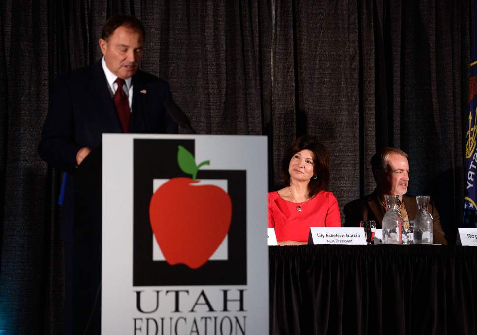 Scott Sommerdorf   |  The Salt Lake Tribune  
Utah Governor Gary Herbert speaks during the opening of the National Education Association Convention, Thursday, October 20, 2016.