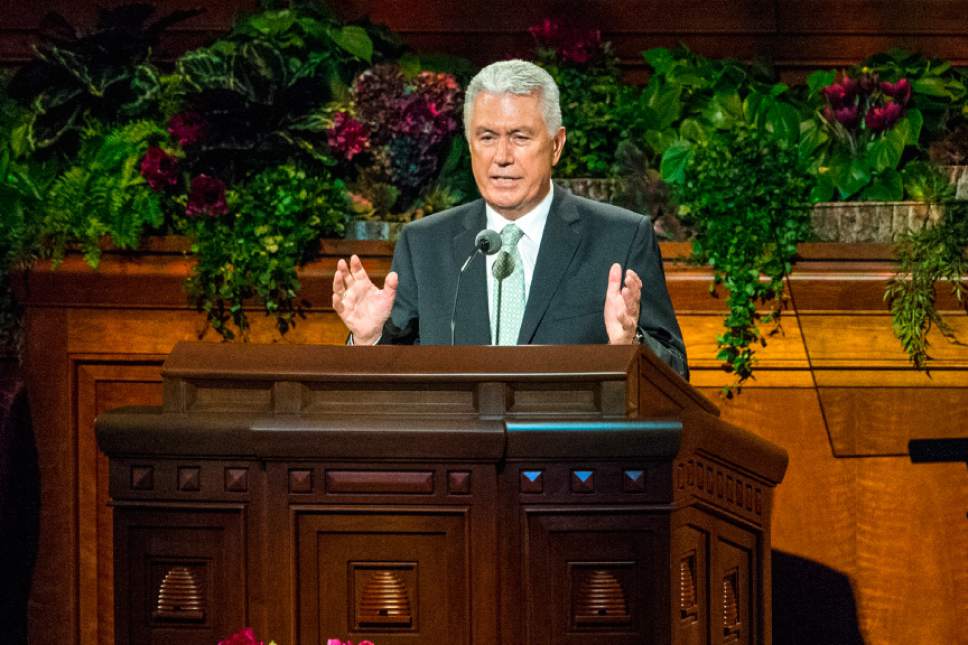 Chris Detrick  |  The Salt Lake Tribune
President Dieter F. Uchtdorf, second counselor in the governing LDS First Presidency, speaks during morning session of the 185th LDS General Conference at the Conference Center in Salt Lake City Saturday October 3, 2015.