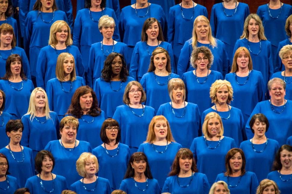 Chris Detrick  |  The Salt Lake Tribune
Members of the Mormon Tabernacle Choir sing during morning session of the 185th LDS General Conference at  the Conference Center in Salt Lake City Saturday October 3, 2015.