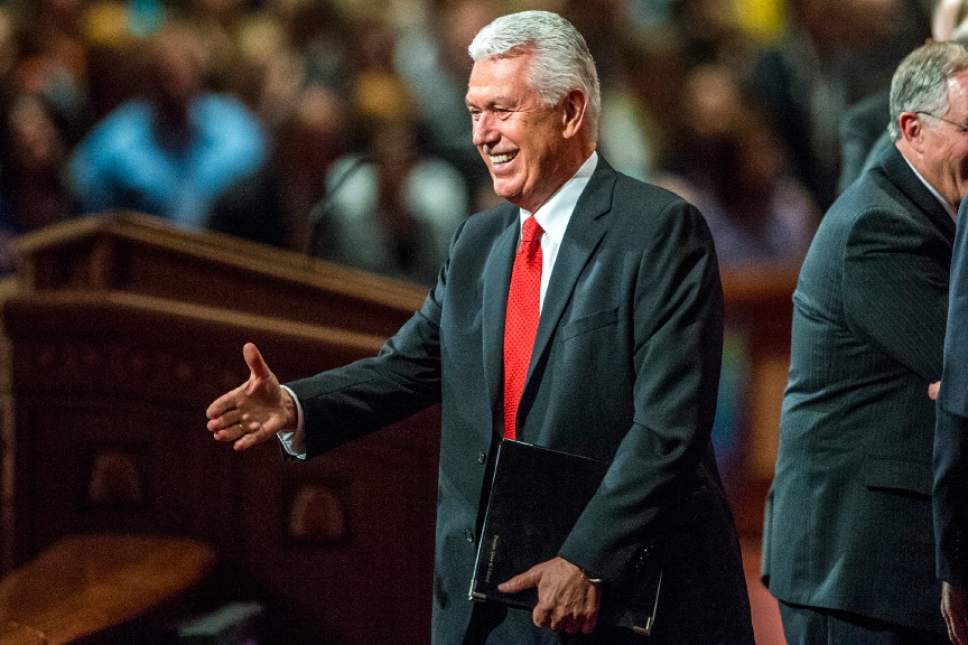 Chris Detrick  |  The Salt Lake Tribune
President Dieter F. Uchtdorf, second counselor in the governing LDS First Presidency, walks off of the stage  during afternoon session of the 185th LDS General Conference at  the Conference Center in Salt Lake City Saturday October 3, 2015.