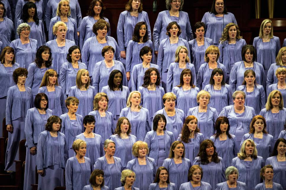 Chris Detrick  |  The Salt Lake Tribune
Members of the Mormon Tabernacle Choir sing during the 185th Annual LDS General Conference Saturday April 4, 2015.