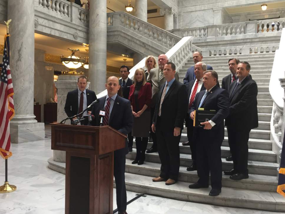 Matt Canham  |  The Salt Lake Tribune
Independent presidential candidate Evan McMullin accepts the endorsement of a group of Republican state lawmakers at the Utah Capitol on Wednesday.