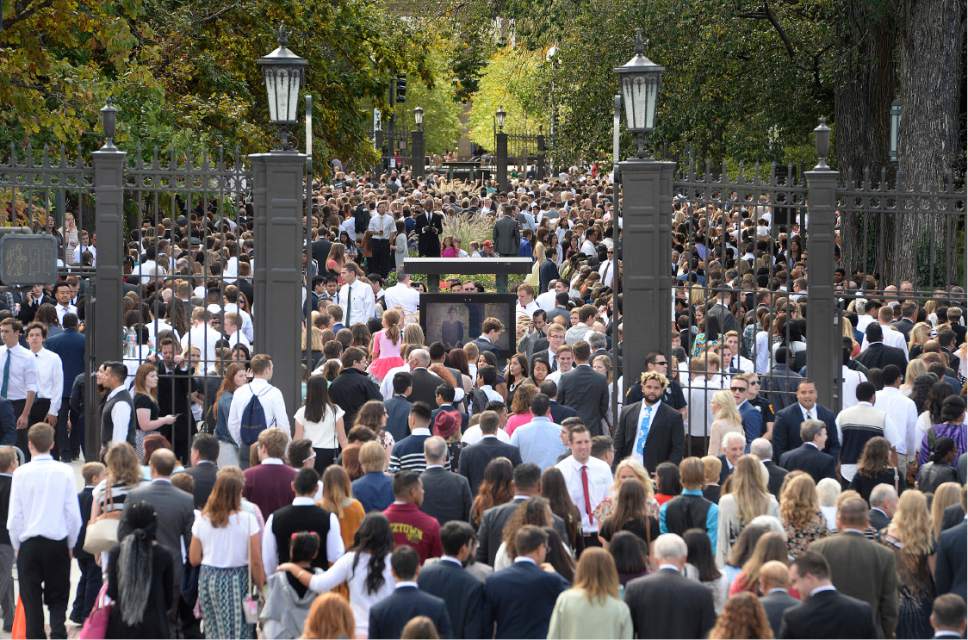 Scott Sommerdorf   |  The Salt Lake Tribune  
Thousands of conference attendees moved across North Temple into Temple Square after the morning session of 186th Semiannual General Conference of the LDS church, Sunday, October 2, 2016.