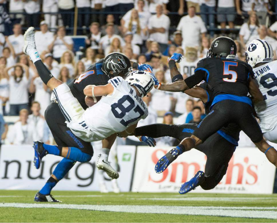 Rick Egan  |  The Salt Lake Tribune

Brigham Young Cougars wide receiver Mitchell Juergens (87) hauls in the game winning touchdown, on a hail-mary play, with 45 seconds left in the game,  in college football action, BYU vs. Boise State at Lavell Edwards Stadium, Saturday, September 12, 2015.