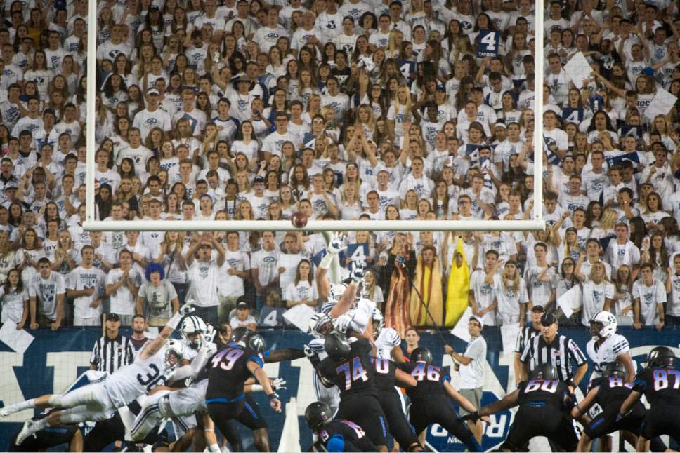 Rick Egan  |  The Salt Lake Tribune

Boise State Broncos place kicker Tyler Rausa (49)kicks a field goal giving Boise a 10-7 lead at the half, in college football action, BYU vs. Boise State at Lavell Edwards Stadium, Saturday, Sept. 12, 2015.