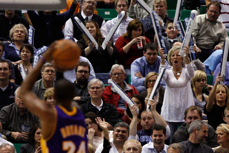 Chris Detrick  |  The Salt Lake Tribune

Utah Jazz fans try to distract Los Angeles Lakers' Kobe Bryant #24 during the first half of the game at the EnergySolutions Arena March 20, 2008.