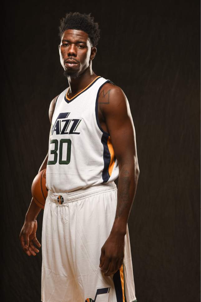 Francisco Kjolseth | The Salt Lake Tribune
Henry Sims joins teammates as the Utah Jazz opens training camp with media day for players at the team's training facility in Salt Lake on Monday, Sept. 26, 2016.