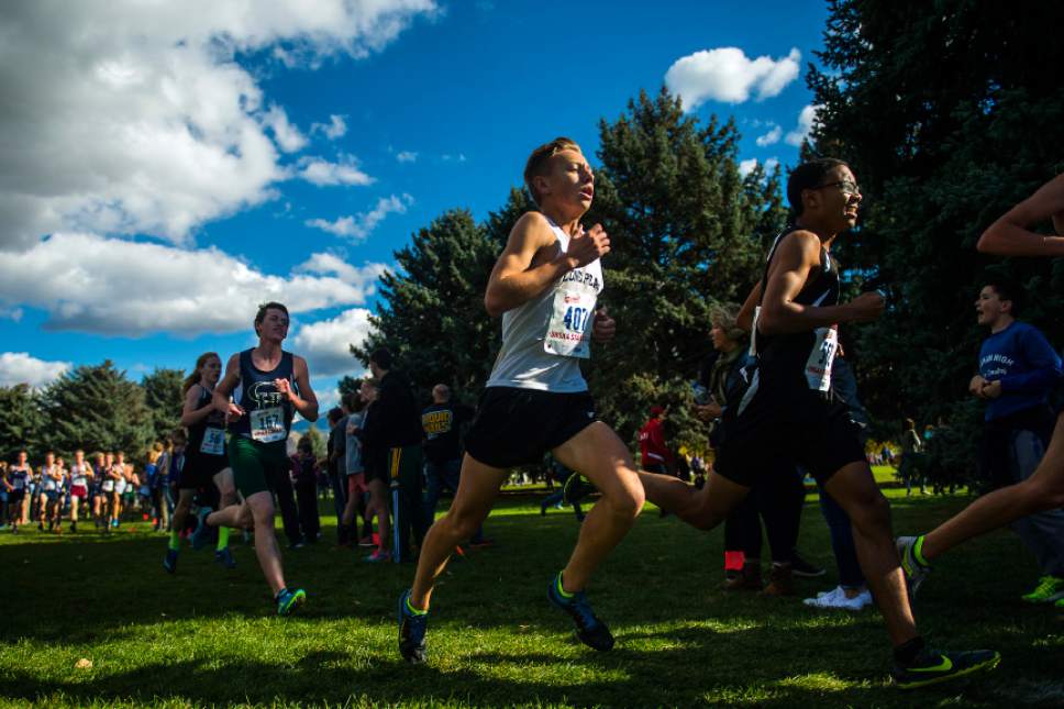 Chris Detrick  |  The Salt Lake Tribune
Lone Peak junior Josh Erickson (407) competes during the UHSAA State Cross Country Championships at Sugar House Park Wednesday October 19, 2016.