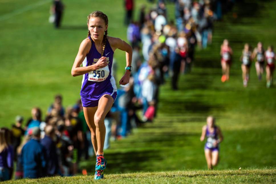 Chris Detrick  |  The Salt Lake Tribune
North Summit junior Sadie Sargent competes during the UHSAA State Cross Country Championships at Sugar House Park Wednesday October 19, 2016. Sargent won the 2A division.