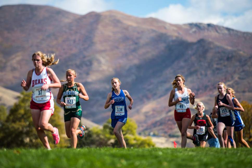 Chris Detrick  |  The Salt Lake Tribune
Runners in the 3A division compete during the UHSAA State Cross Country Championships at Sugar House Park Wednesday October 19, 2016.