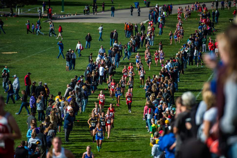 Chris Detrick  |  The Salt Lake Tribune
Runners in the 2A division compete during the UHSAA State Cross Country Championships at Sugar House Park Wednesday October 19, 2016.