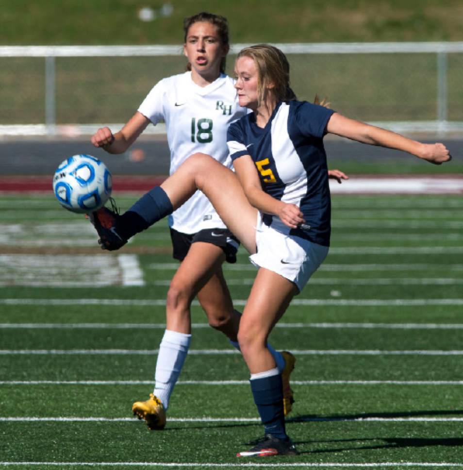 Steve Griffin / The Salt Lake Tribune


Summit Academy's Emily Rice stops the ball with her foot as she keeps it away from Rowland Hall's Sydney Hare during 2A semi final girl's soccer match at Jordan High School in Sandy Friday October 21, 2016.