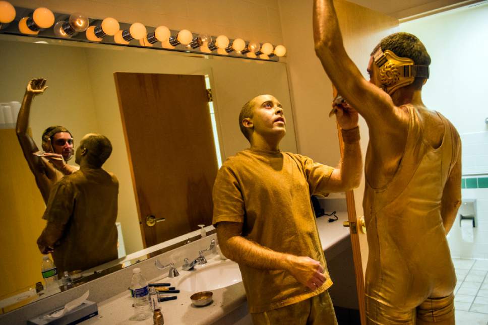 Chris Detrick  |  The Salt Lake Tribune
Percussionist Keith Carrick paints fellow percussionist Doug Smith before the Utah Symphony Halloween Concert at Abravanel Hall Tuesday October 27, 2015.